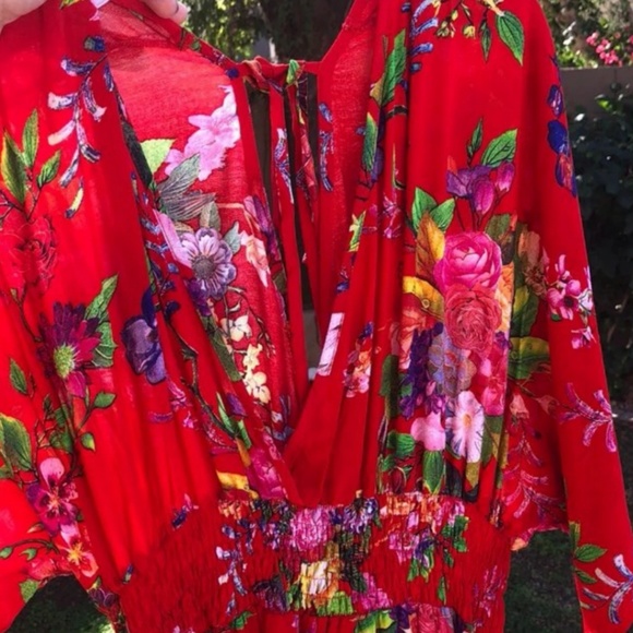 Red Tropical Floral Slit Leg Wrap Maxi Dress - Picture 5 of 5